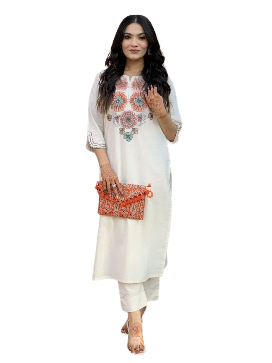 Women's Cotton Ethnic Set with Kurta, Palazzo & Dupatta(L)